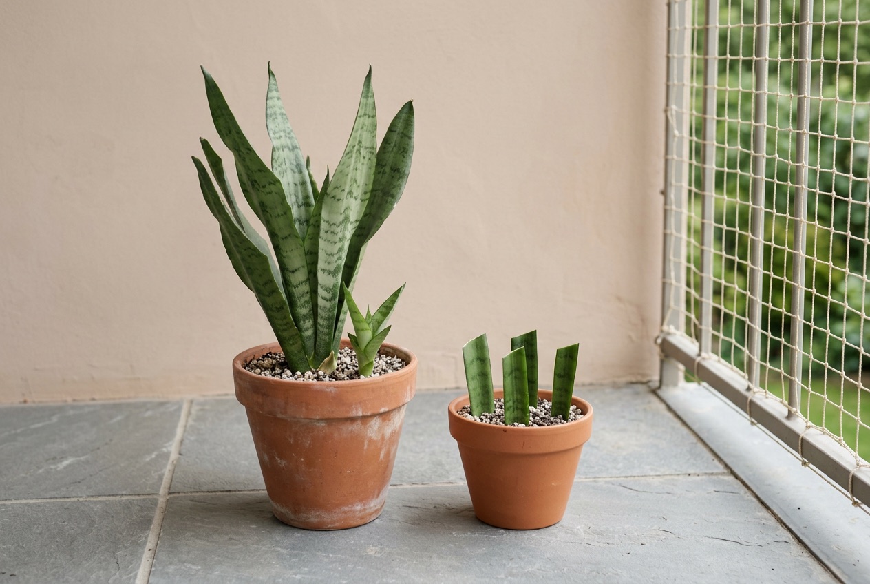 Snake plant leaf cuttings at different stages showing callused cuts, water roots, and emerging pups
