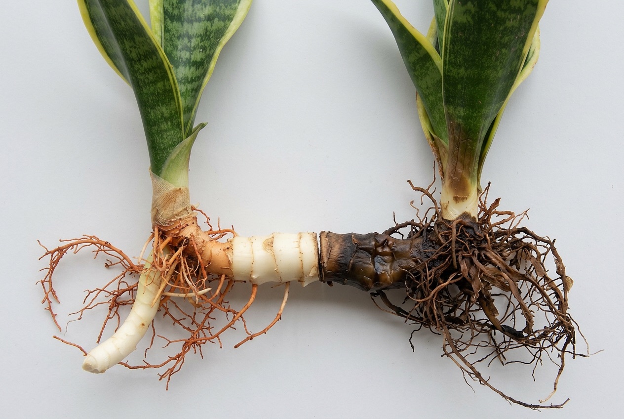 A snake plant rhizome with two leaf fans, firm and pale on one side, blackened and rotted on the other