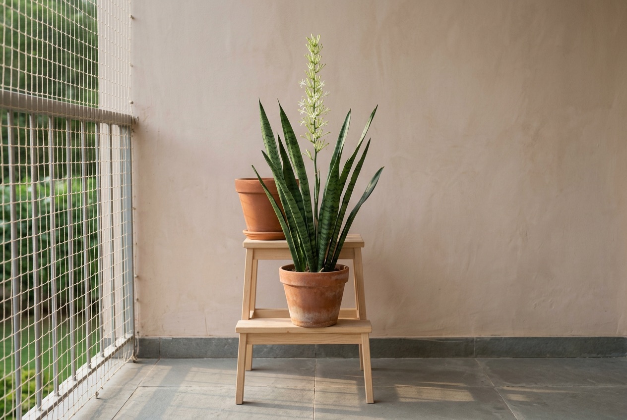 Creamy white tubular flowers emerging on a tall spike from a mature snake plant